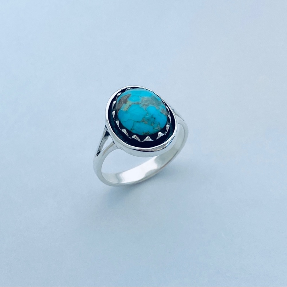 Sterling Silver Round Genuine Turquoise Ring, Stone Ring, Silver Ring, Boho Ring - Picture 1 of 13